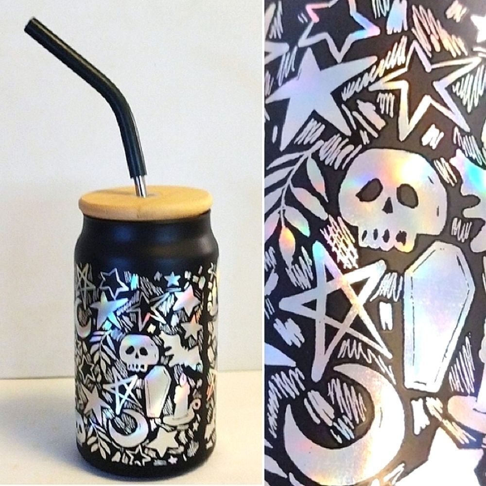 Halloween Black Iridescent‎ Skulls Printed Glass Coffee Cup with Straw NWT